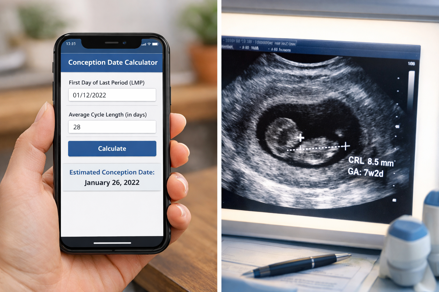 Split-scene landscape image: left side shows a smartphone displaying a conception date calculator app interface with input
