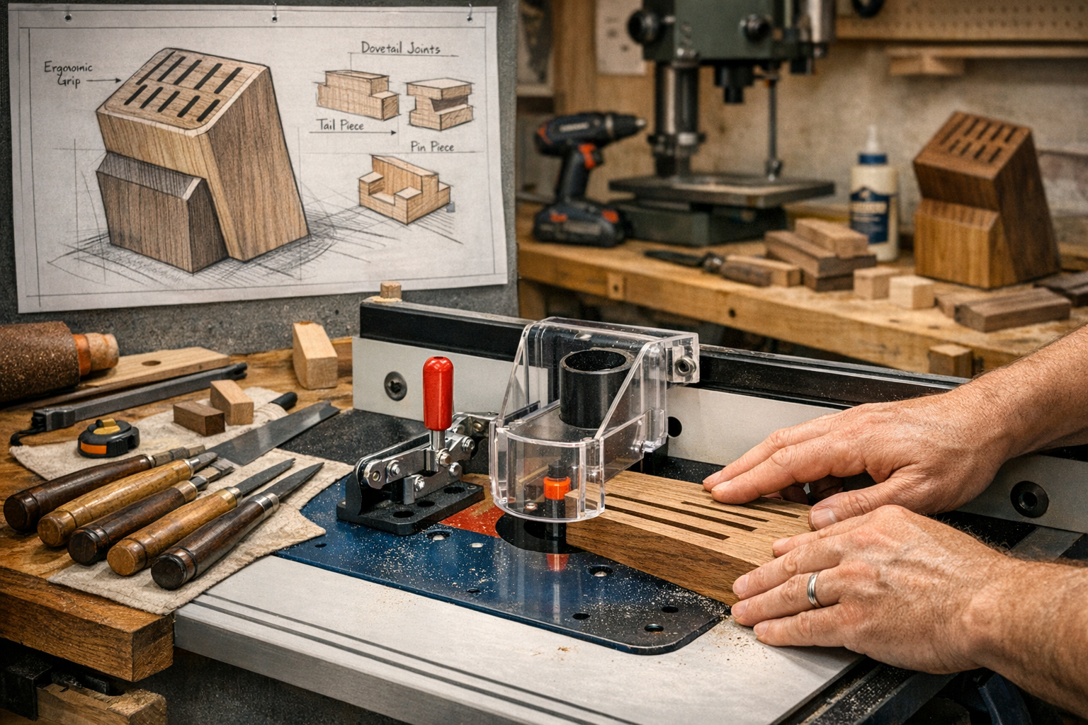 A detailed workshop scene showing various stages of crafting a DIY wooden knife block. In the foreground, hands are carefully guiding a piec