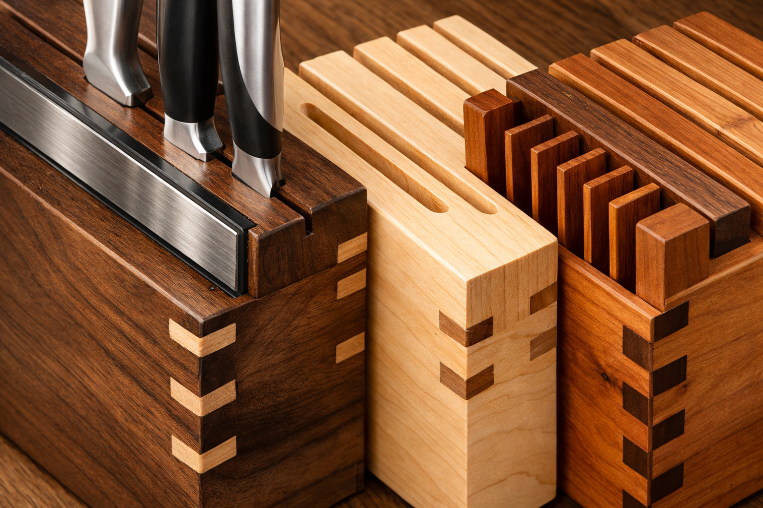 A close-up shot of different safety-focused joinery techniques demonstrated on wooden knife blocks, specifically highlighting perfectly exec