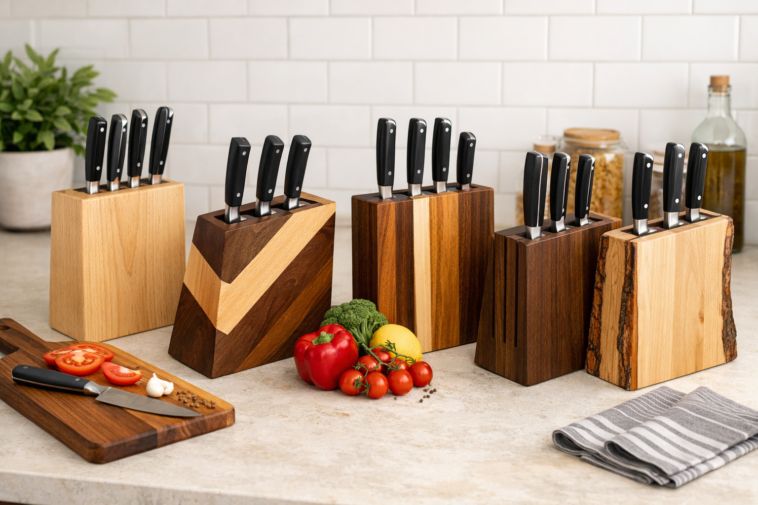 An aesthetically pleasing modern kitchen counter featuring several completed DIY wooden knife blocks. Each block showcases a unique custom d