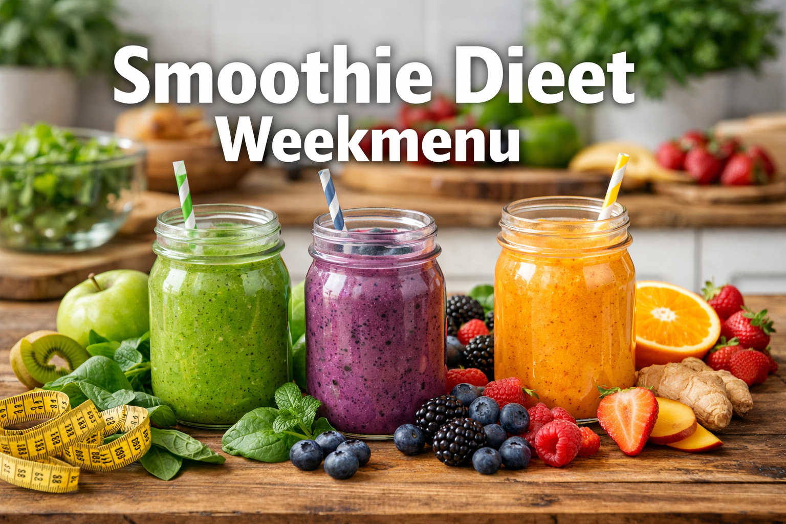 Professional landscape hero image (1536x1024) featuring bold text overlay 'Smoothie Dieet Weekmenu' in extra large 70pt white sans-serif fon