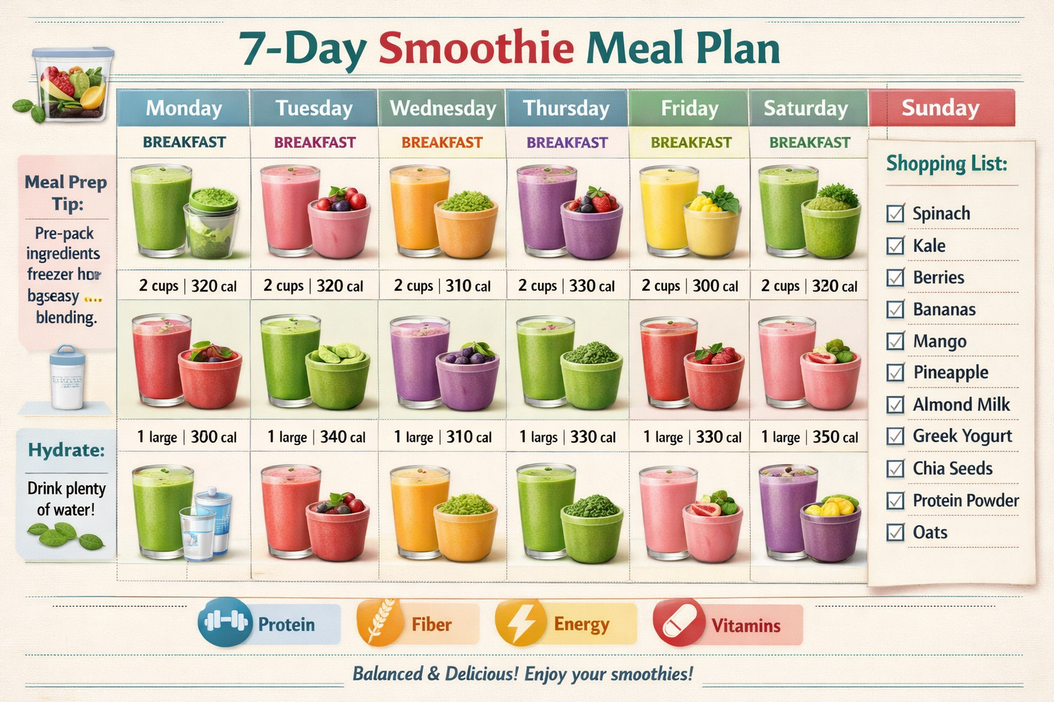 Detailed infographic showing 7-day smoothie meal plan calendar layout with colorful smoothie illustrations for each day, labeled breakfast a