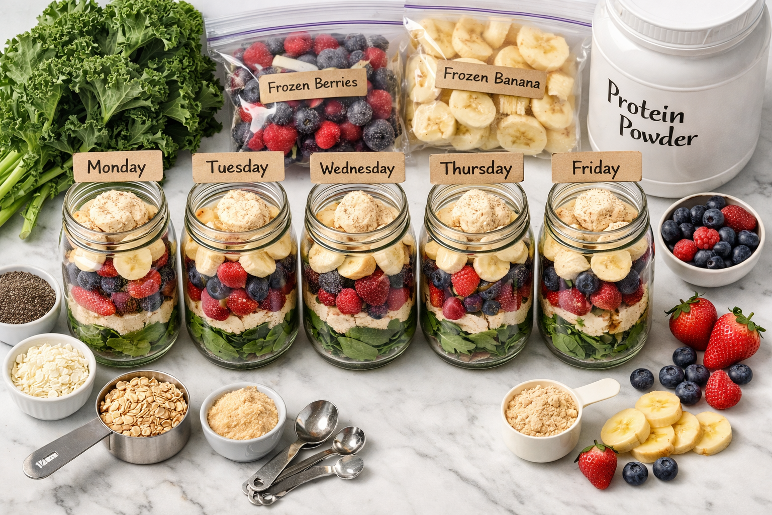 Overhead flat lay photography of meal prep scene showing multiple glass mason jars filled with layered smoothie ingredients ready for blendi