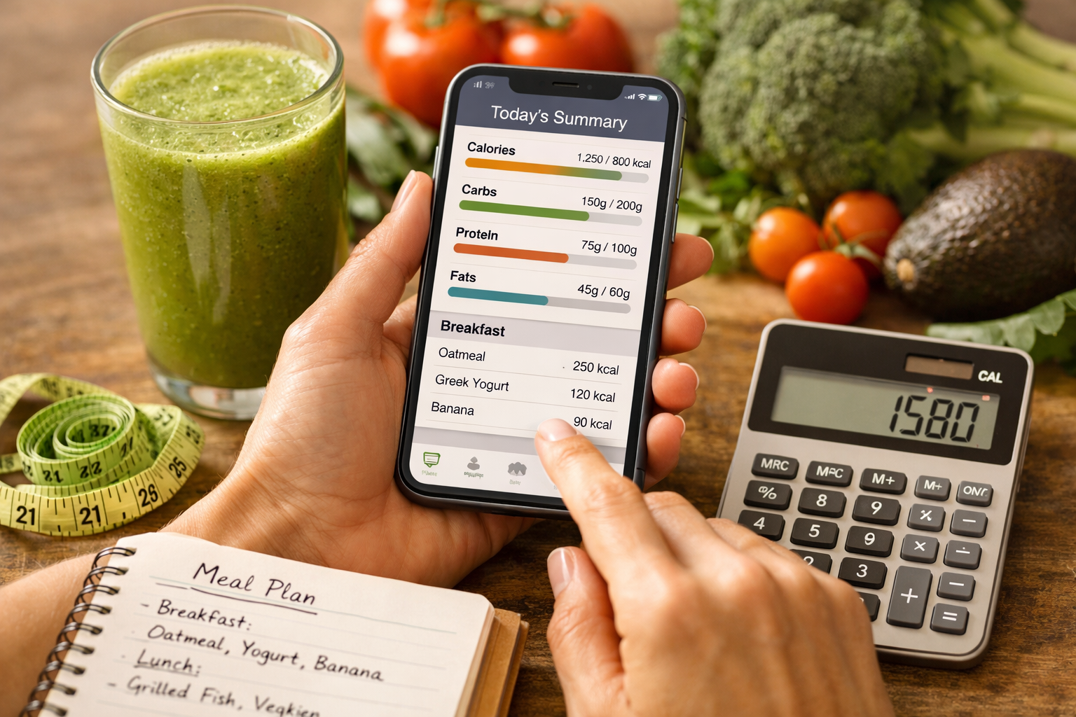 Close-up editorial photo of hands holding smartphone displaying nutrition tracking app next to fresh green smoothie in clear glass, notebook