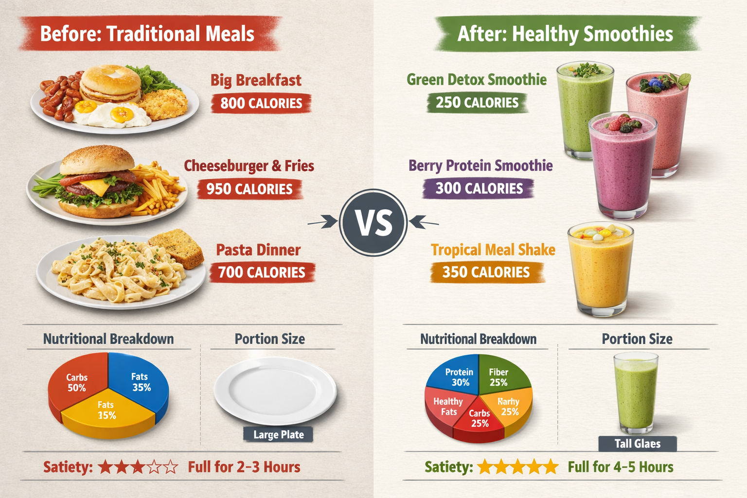 Split comparison visual showing before/after weekly meal scenarios: left side displays traditional heavy meals with high calorie counts labe