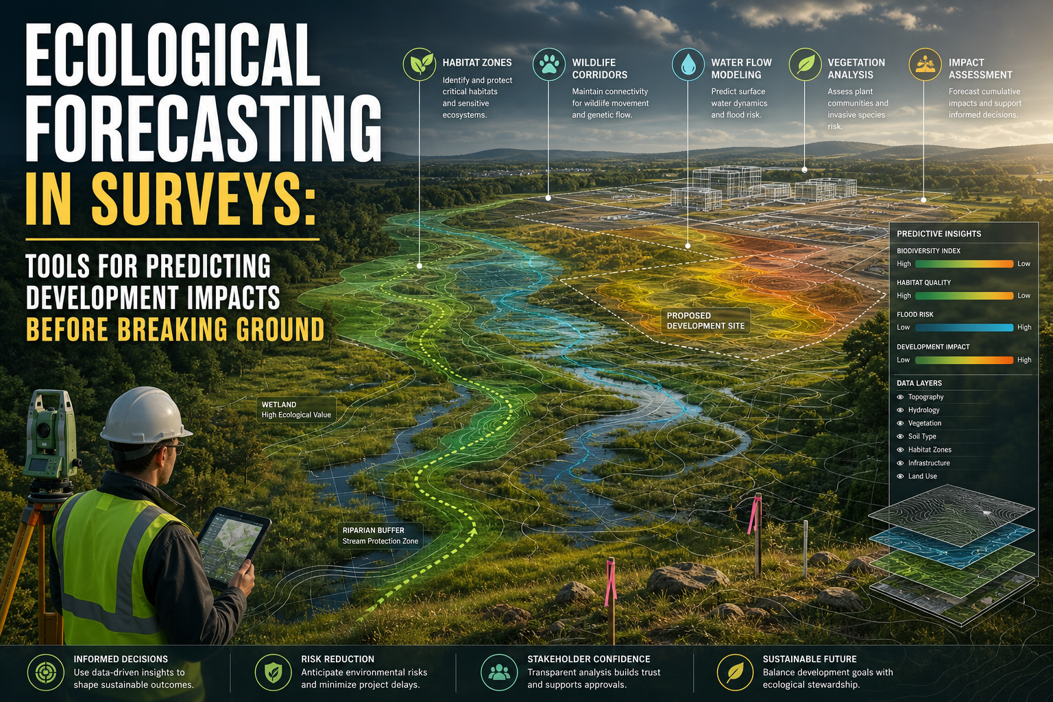Professional landscape hero image () with : "Ecological Forecasting in Surveys: Tools for Predicting Development Impacts