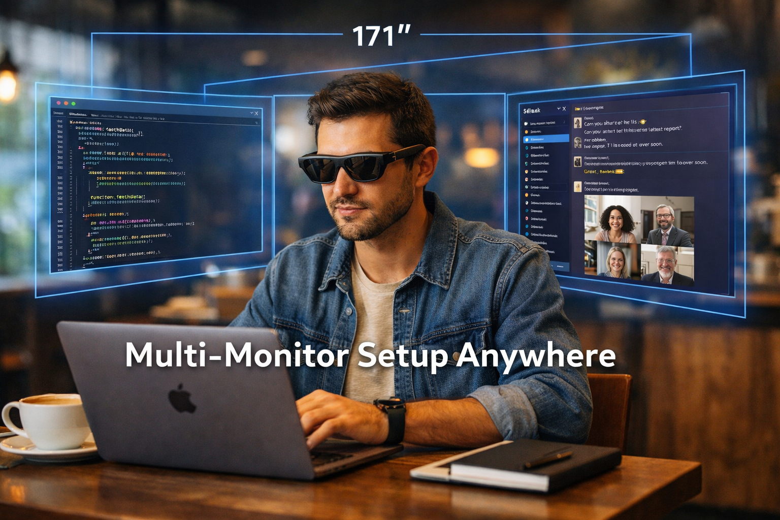Landscape format (1536x1024) real-world productivity scenario showing XREAL 1S glasses in use at coffee shop workspace. Main subject wears g