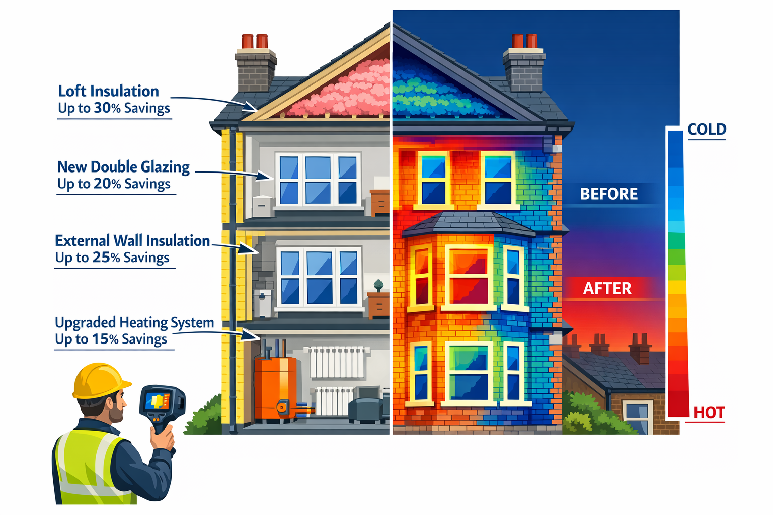 Detailed landscape format (1536x1024) cutaway illustration of Victorian terraced house showing energy efficiency retrofit layers: external w