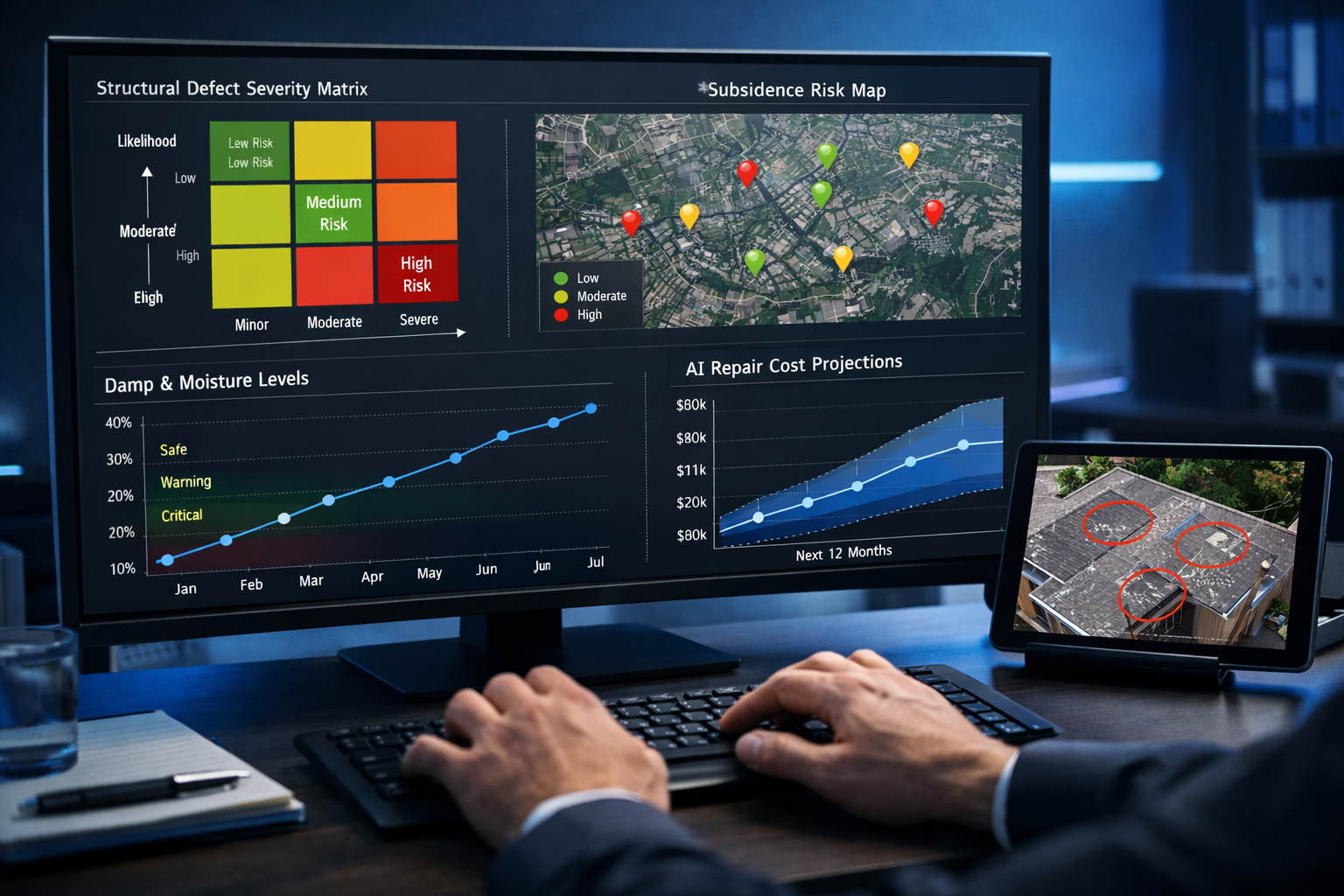 Detailed landscape format (1536x1024) modern risk assessment dashboard displayed on large monitor showing building survey data. Screen conta