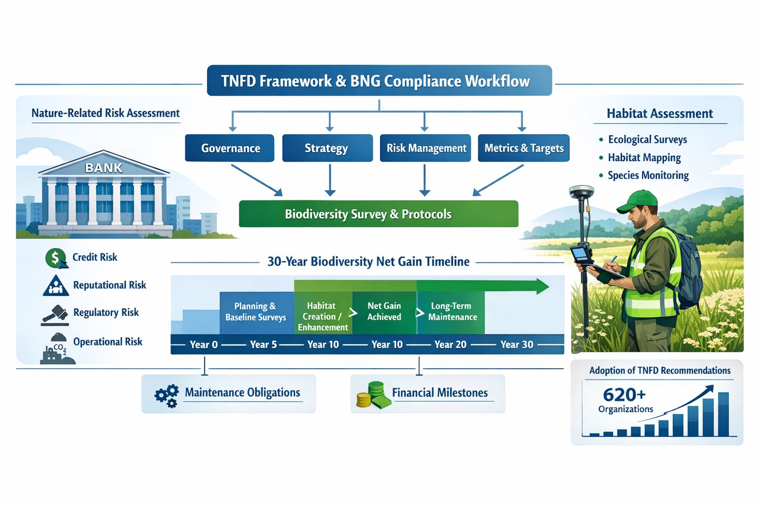 () detailed infographic showing TNFD framework integration with BNG compliance workflow. Central flowchart displays four