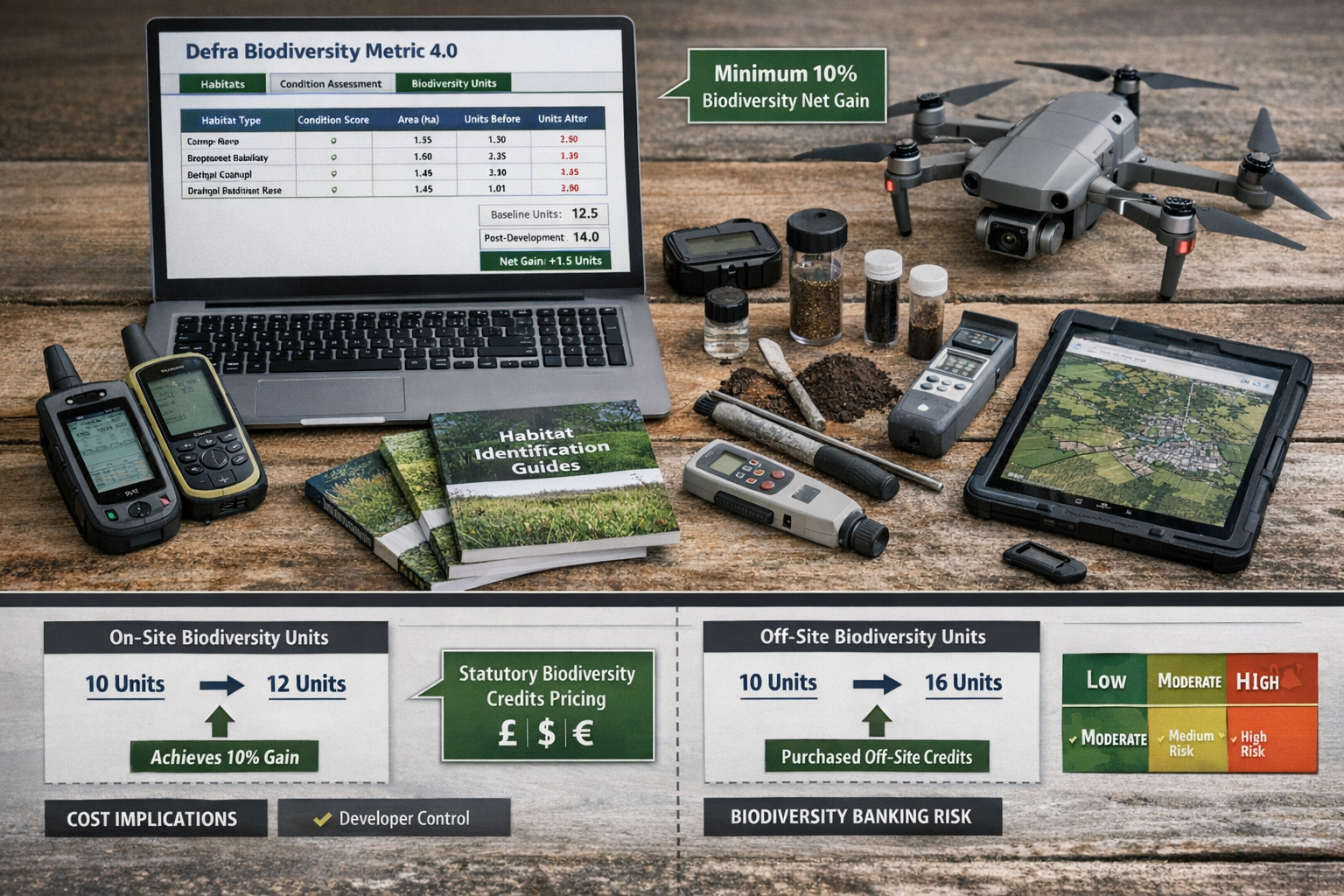 () comprehensive visual guide showing biodiversity metric calculation tools and surveyor field equipment. Top section