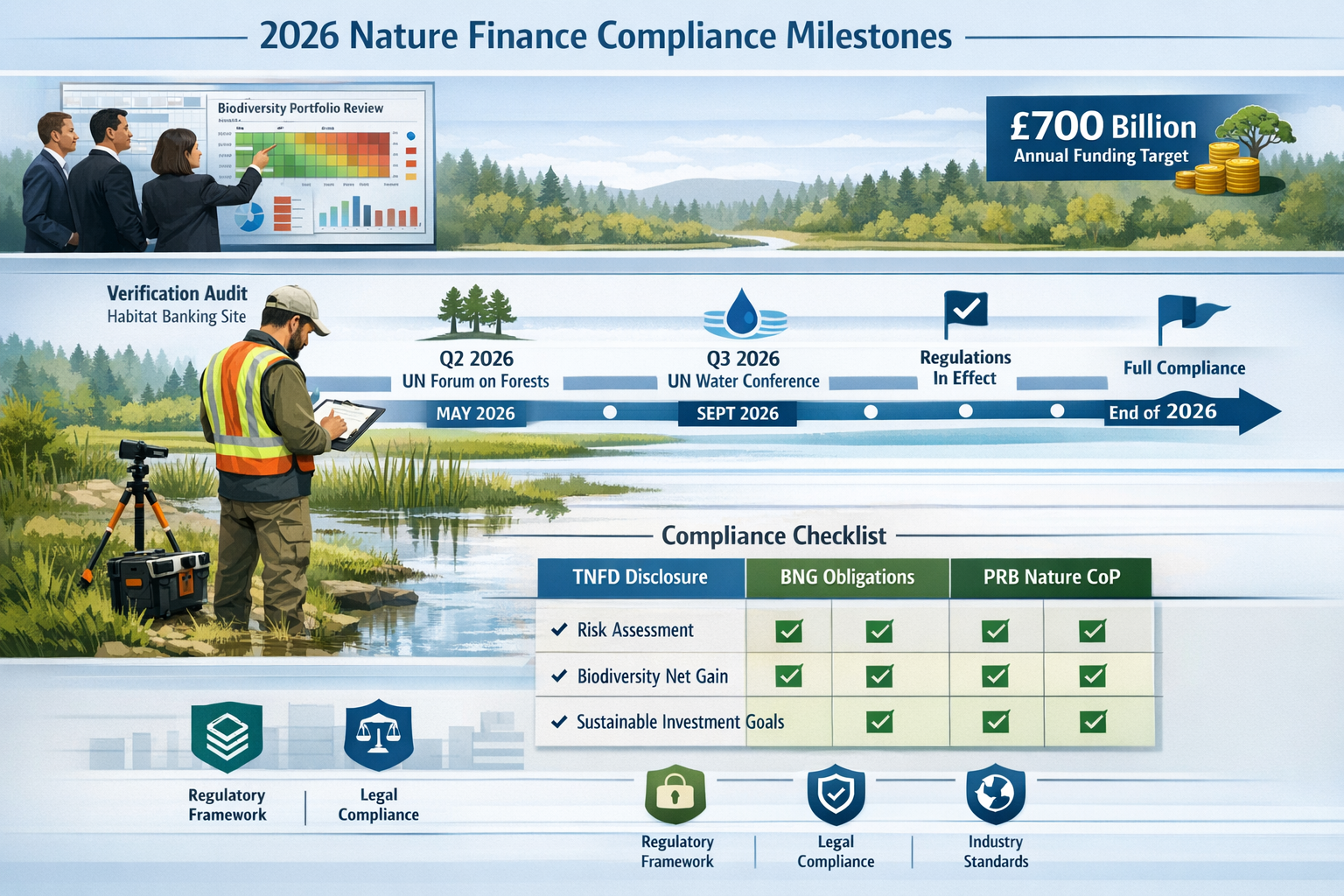 () strategic roadmap visualization for 2026 nature finance compliance milestones. Central timeline spans from current