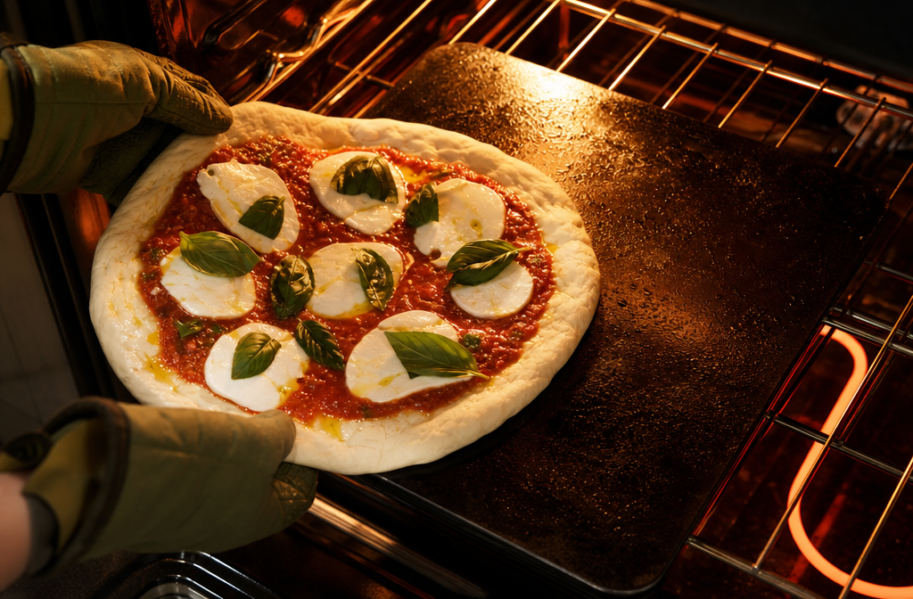 Close-up overhead shot (1536x1024) of hands in kitchen gloves carefully placing a raw pizza dough topped with fresh mozzarella and basil onto a dark carbon steel baking surface inside a glowing home oven, oven rack visible, orange-red heating elements in background, dramatic chiaroscuro lighting from oven interior, rich warm tones, photorealistic food photography style, showing the seasoning sheen on the steel surface, home kitchen context.