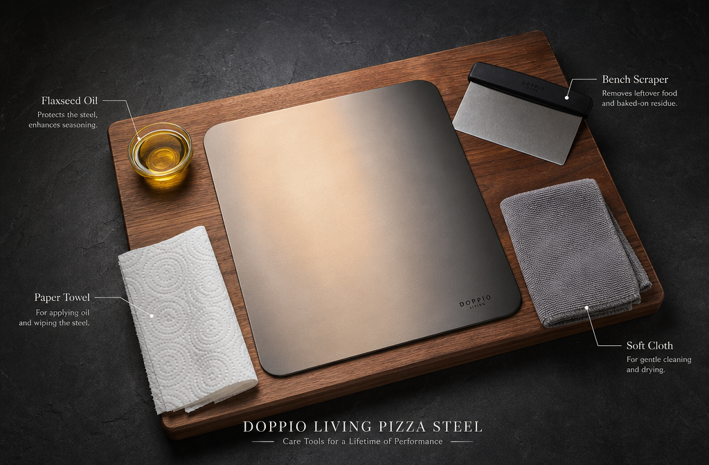 Wide landscape format (1536x1024) flat-lay product maintenance scene showing a Doppio Living pizza steel on a wooden surface surrounded by a small bowl of flaxseed oil, a folded paper towel, a bench scraper, and a soft cleaning cloth, arranged neatly on a dark slate background, overhead 45-degree angle, soft studio lighting with warm highlights on the steel surface, clean product photography aesthetic with subtle text labels pointing to each maintenance tool.