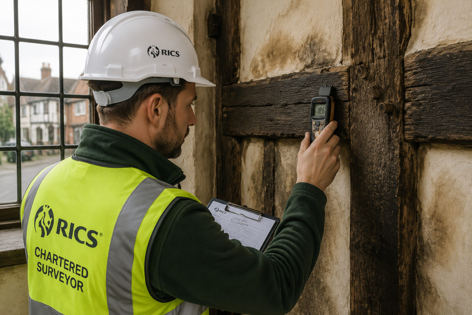() close-up editorial photograph of a RICS chartered surveyor in hi-vis vest and hard hat inspecting the exposed timber