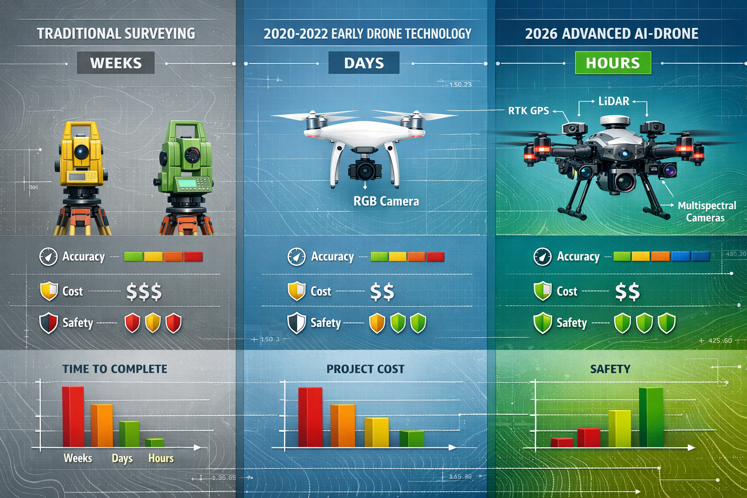 Landscape format (1536x1024) detailed infographic showing evolution of remote surveying technology from 2020 to 2026, split into three verti