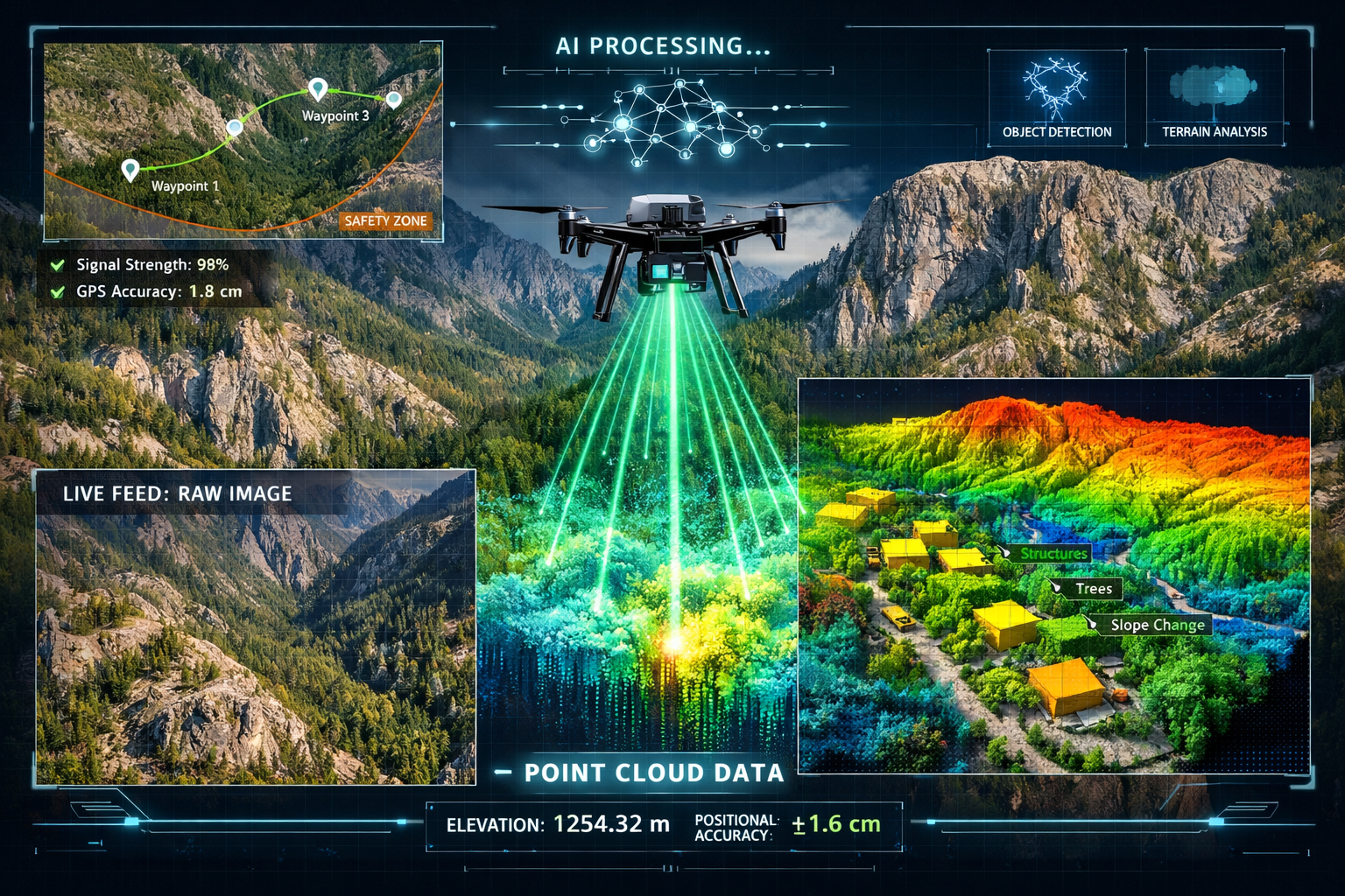 Landscape format (1536x1024) technical illustration showcasing AI-enhanced drone surveying workflow in challenging terrain, main focus on ru