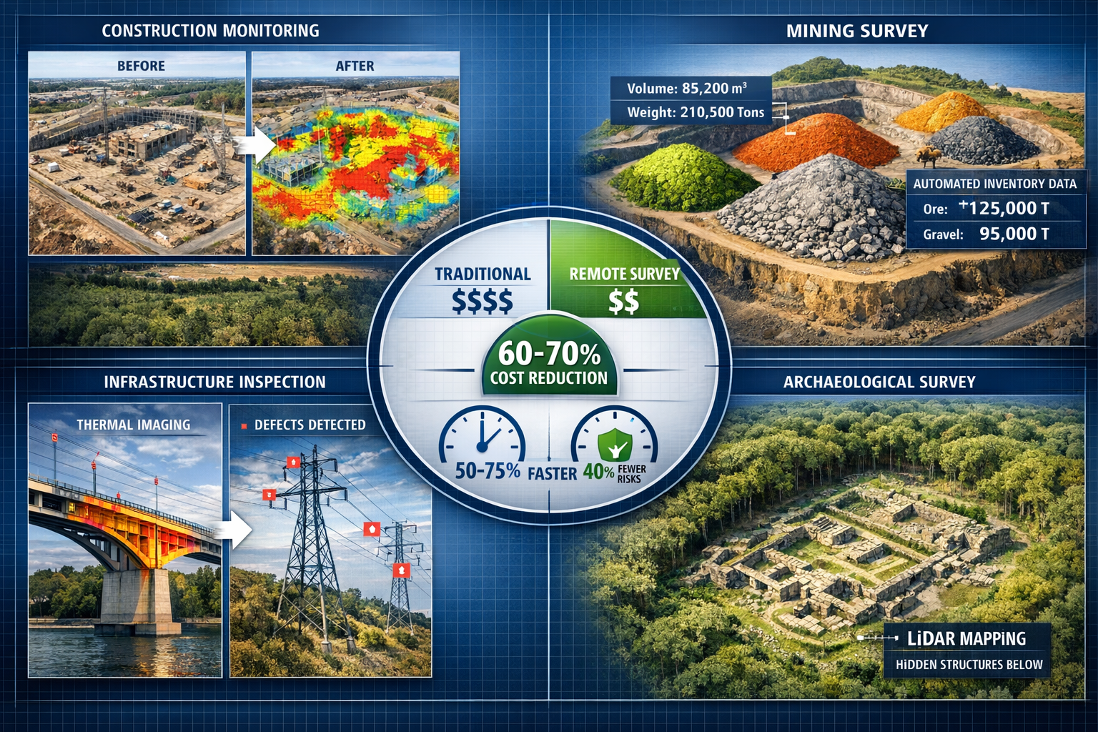 Landscape format (1536x1024) comprehensive comparison visualization showing cost-benefit analysis and practical applications of remote surve