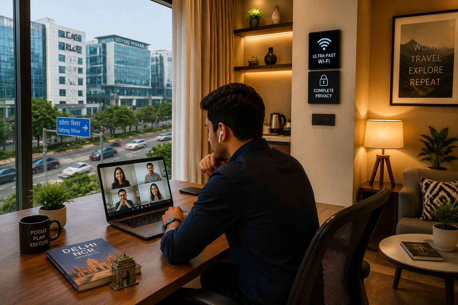() image illustrating a professional at a sleek desk within a private Airbnb near Udyog Vihar, Gurugram, engaged in a video