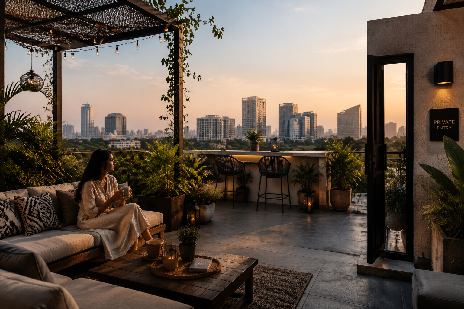 () image showcasing a luxurious, private Airbnb terrace in Gurugram near Udyog Vihar. The terrace features comfortable