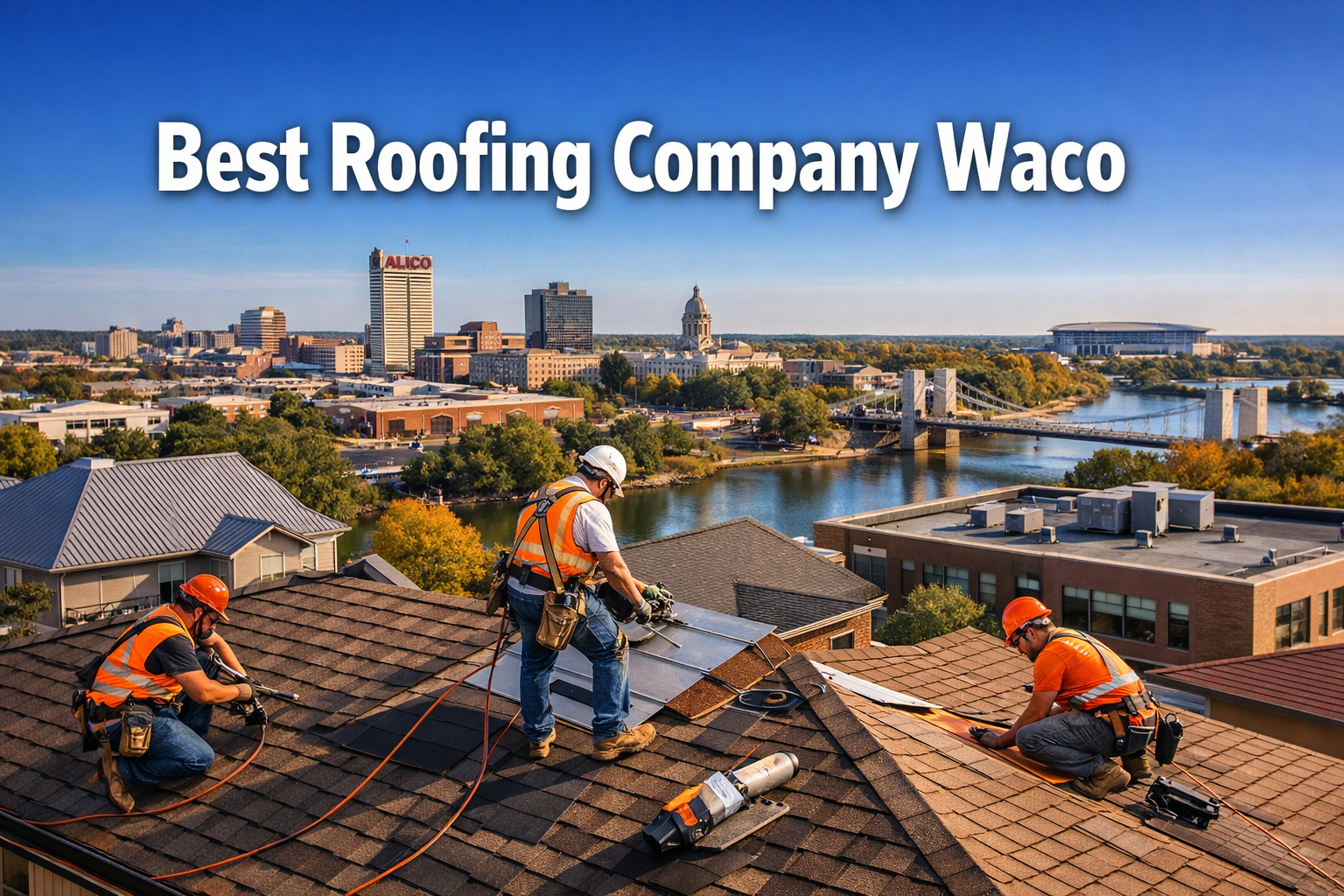 Professional landscape hero image (1536x1024) featuring bold text overlay 'Best Roofing Company Waco' in extra large 72pt white sans-serif f