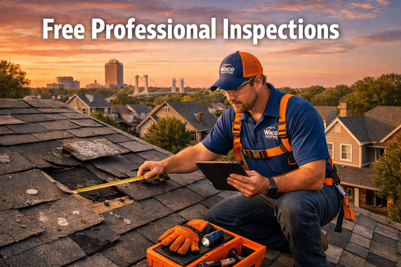 Detailed landscape image (1536x1024) showing professional roofing inspection scene in Waco, Texas. Expert roofer in branded uniform conducti