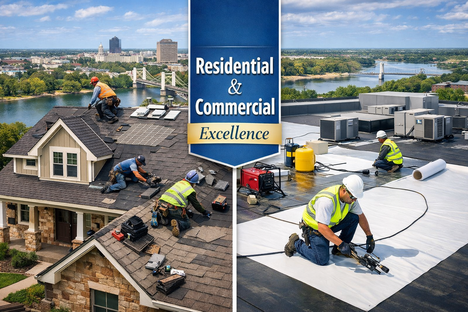 Comprehensive landscape image (1536x1024) displaying side-by-side comparison of residential and commercial roofing services in Waco. Left si
