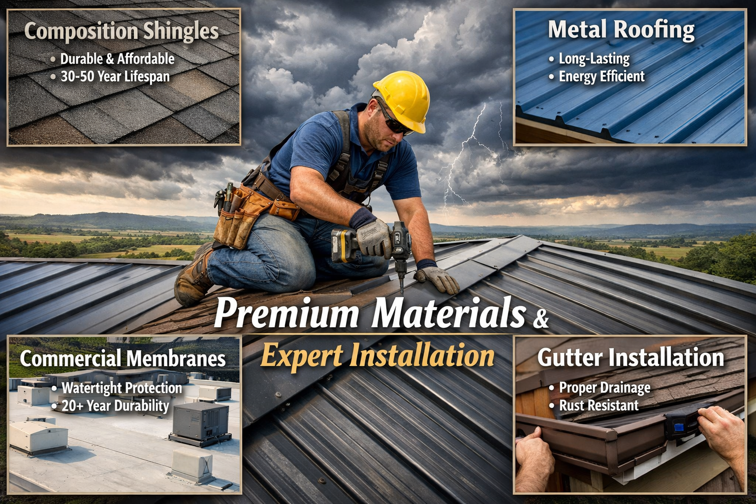 Dynamic landscape image (1536x1024) showcasing various roofing materials and services available in Waco market. Visual grid layout featuring
