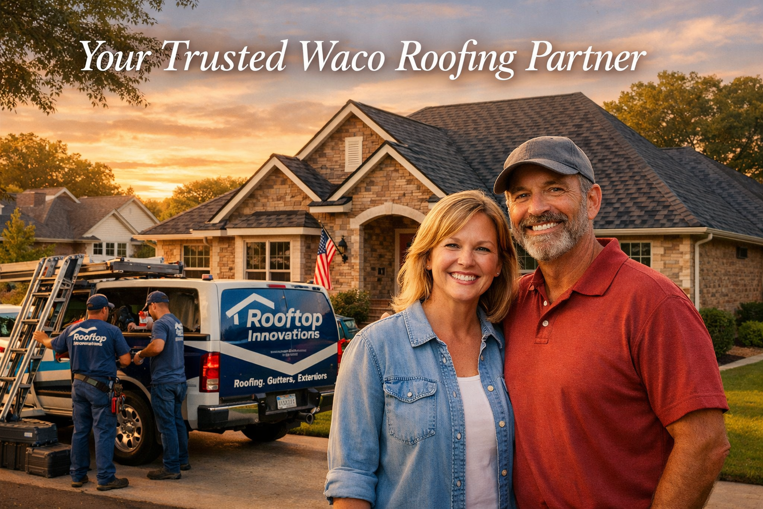Inspiring landscape image (1536x1024) featuring satisfied Waco homeowners standing proudly in front of their newly completed roof replacemen