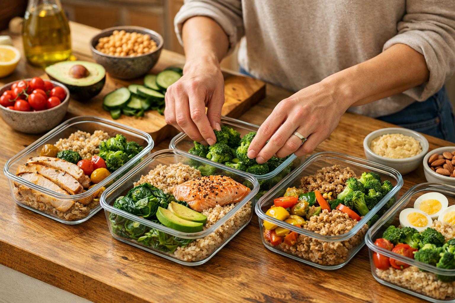 Realistic photo of healthy meal prep containers on kitchen counter showing balanced portions: lean protein, vegetables, whole grains, health
