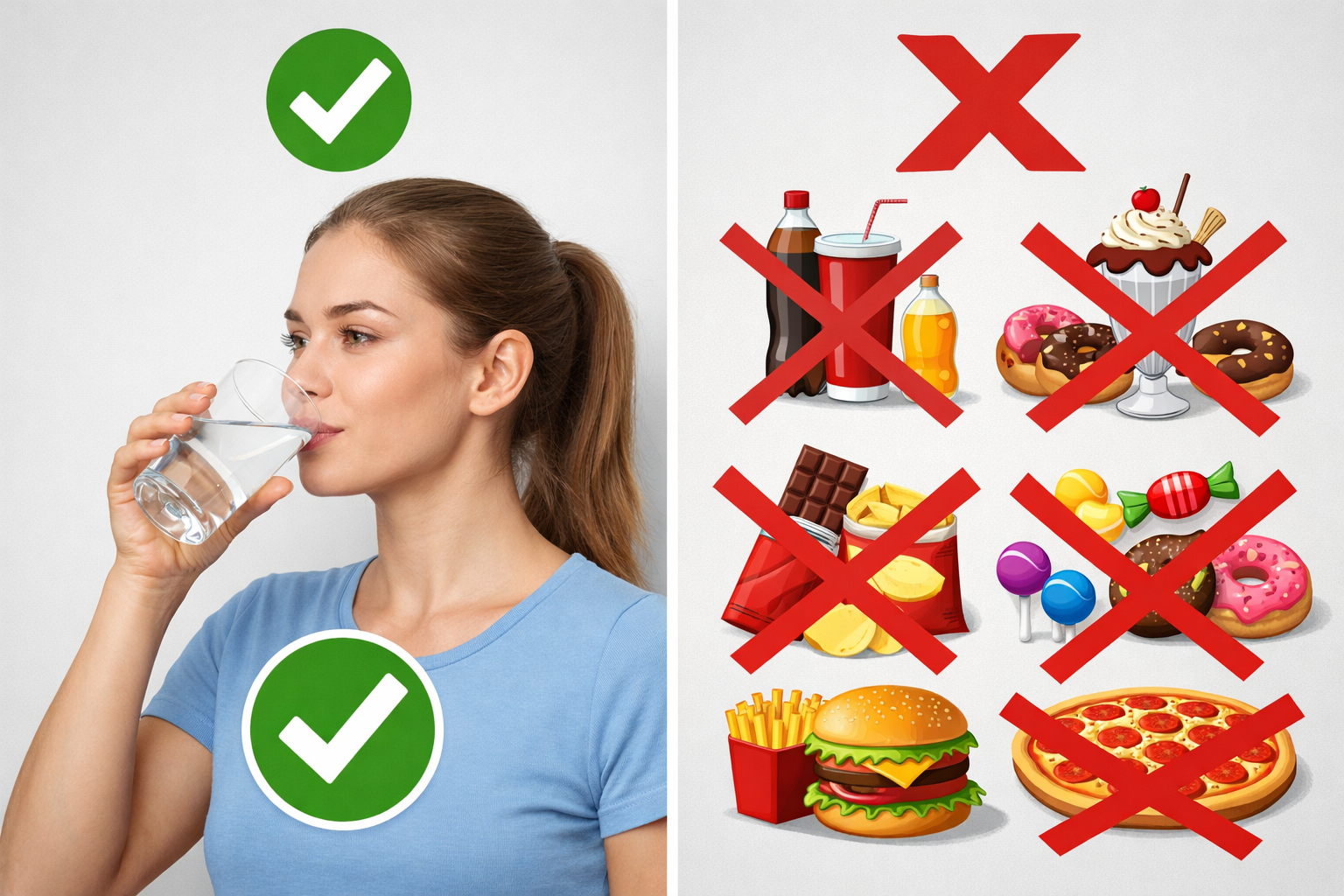 Split-screen comparison image showing person drinking water from glass on left side (allowed during fasting), and crossed-out sugary drinks,