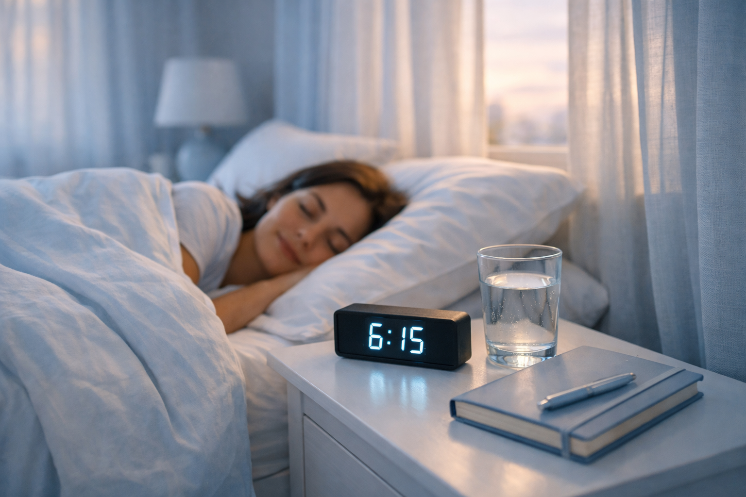 Serene bedroom scene showing person sleeping peacefully in comfortable bed, alarm clock on nightstand showing early morning time, soft dawn