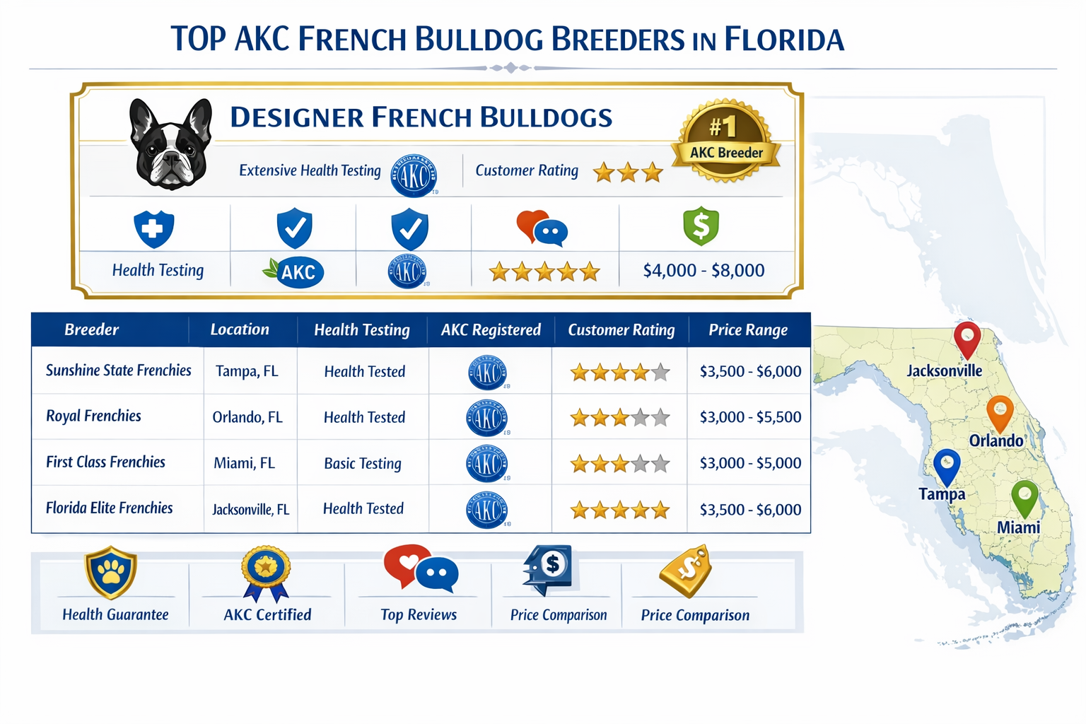 Detailed landscape infographic (1536x1024) showing comprehensive comparison chart of reputable AKC French Bulldog breeders across Florida wi