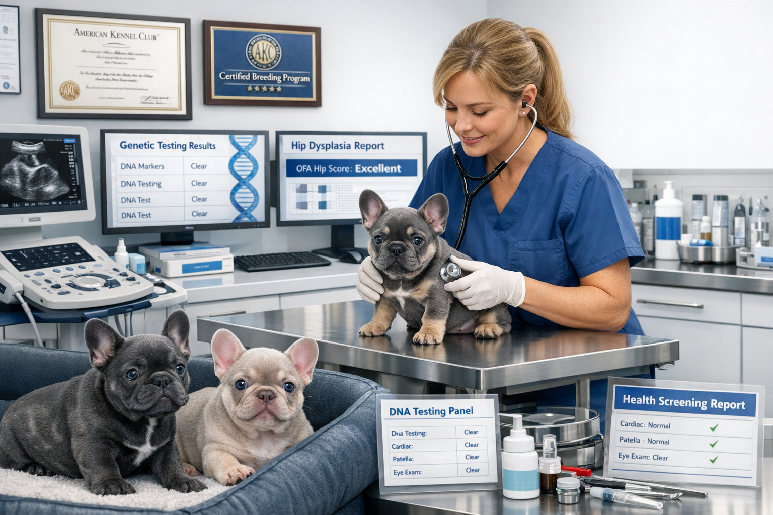 Professional landscape photograph (1536x1024) depicting veterinary health screening process for French Bulldog puppies in modern Florida cli