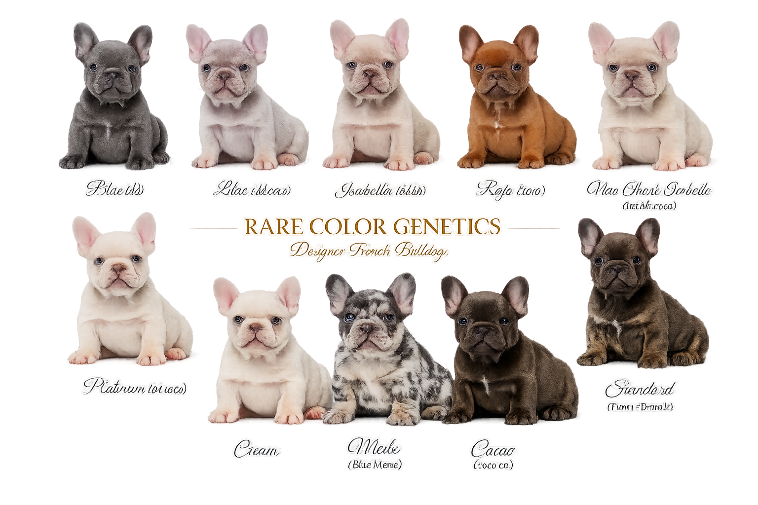 Stunning landscape composition (1536x1024) showcasing French Bulldog color genetics chart with actual puppies representing each color variat