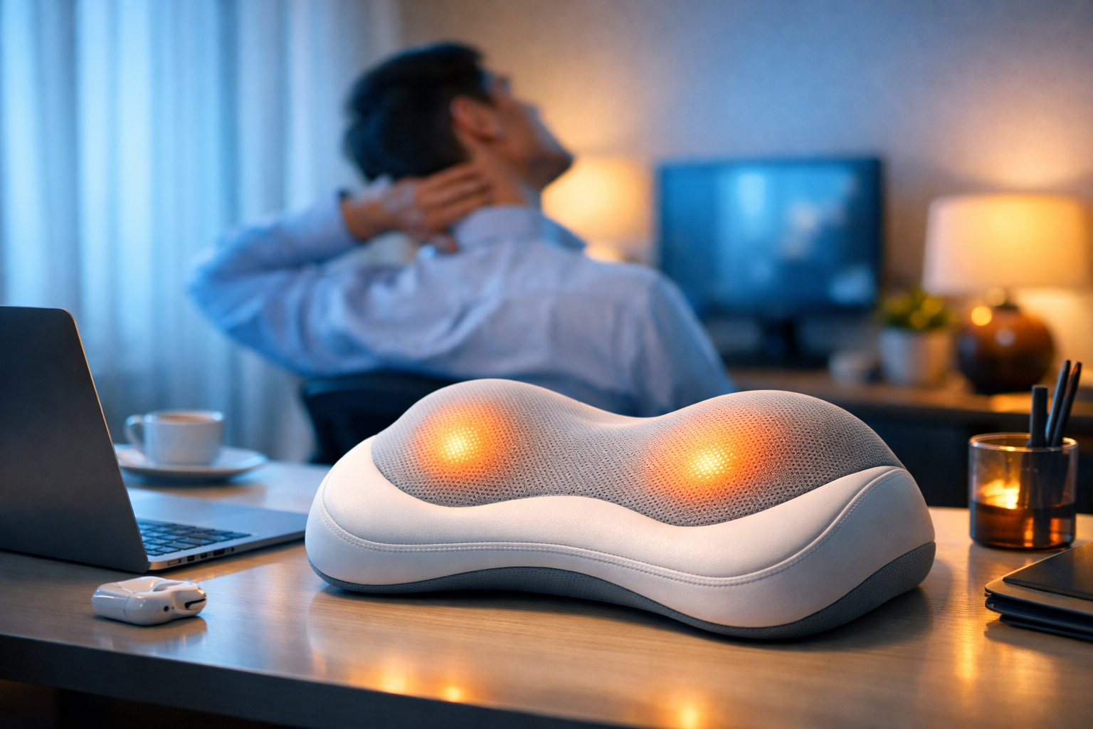 Professional landscape format (1536x1024) hero image showing a modern ergonomic Cloud Wave massage pillow on a sleek desk setup with a lapto