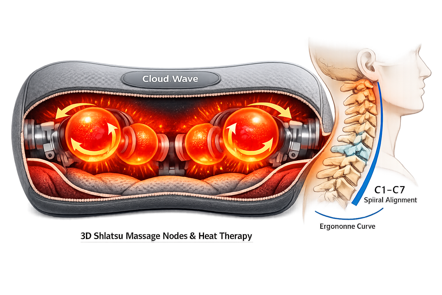 Detailed landscape format (1536x1024) image showing the Cloud Wave massage pillow's 3D shiatsu nodes and heat therapy features in action, cr