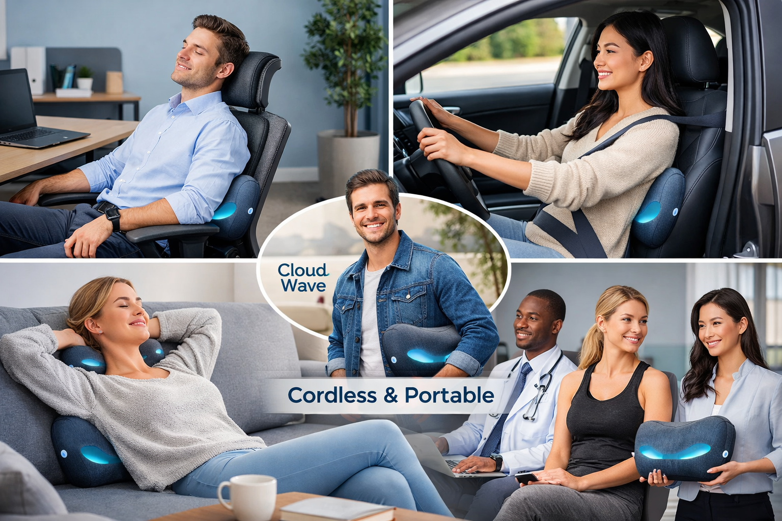 Professional landscape format (1536x1024) image depicting various usage scenarios for the Cloud Wave massage pillow - office chair setup, ca