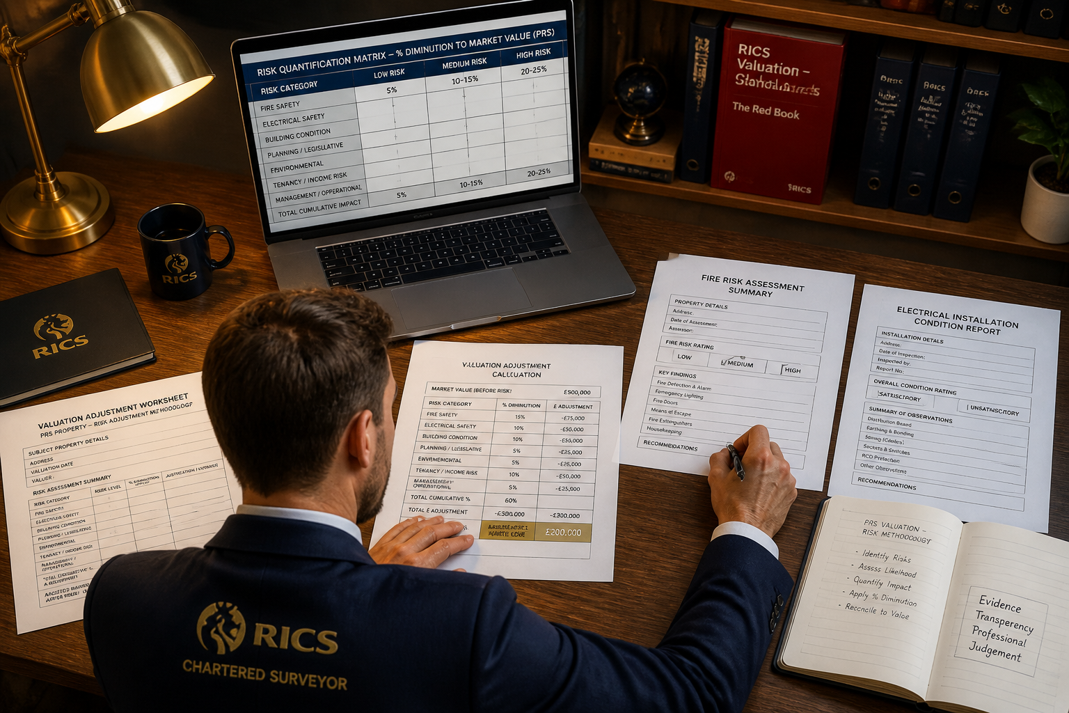 Wide-angle () showing a RICS-qualified chartered surveyor at a desk with multiple valuation adjustment worksheets spread