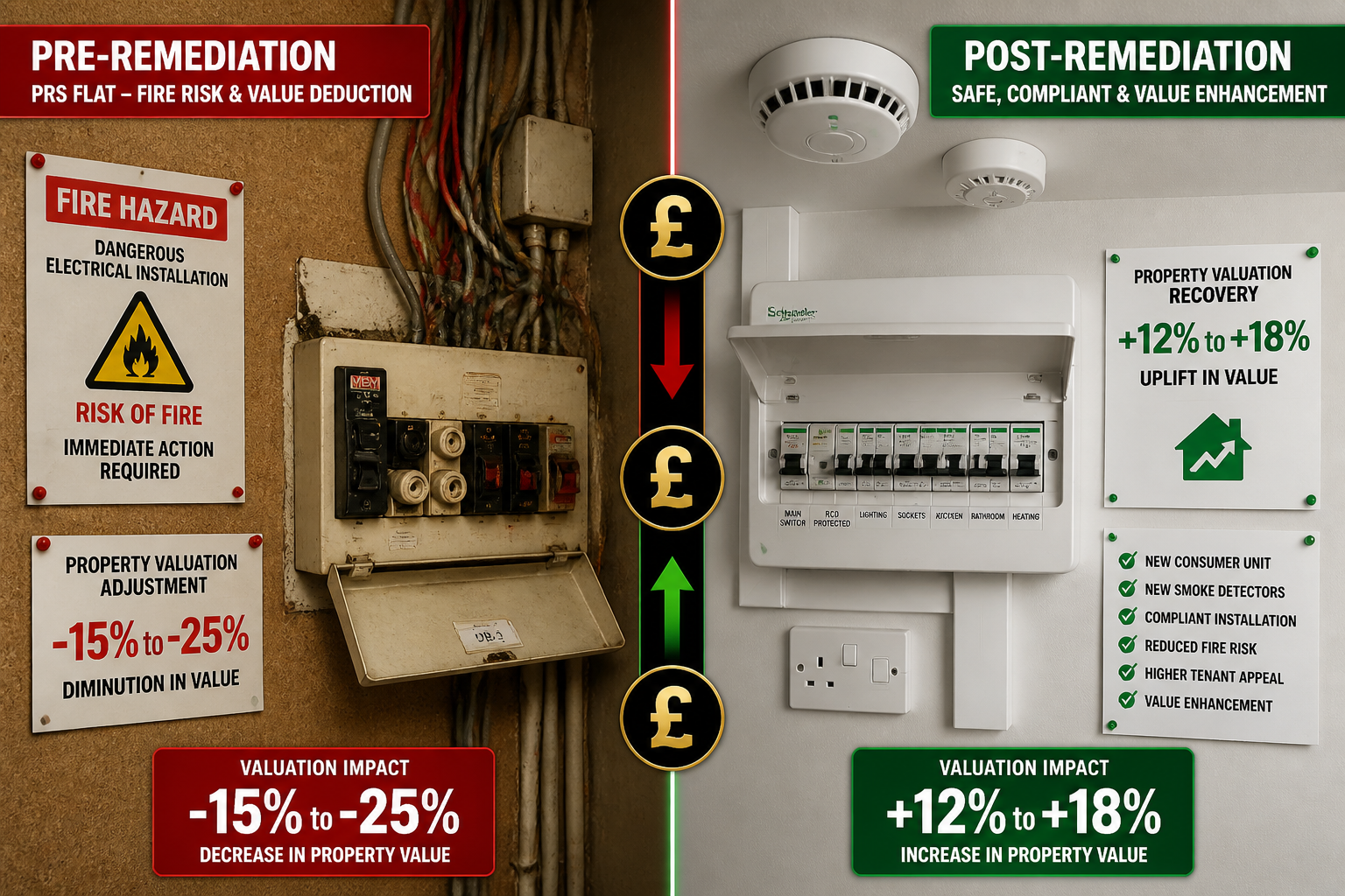 Close-up () showing a split comparison visual: left panel depicts a pre-remediation PRS flat with exposed wiring, dated fuse
