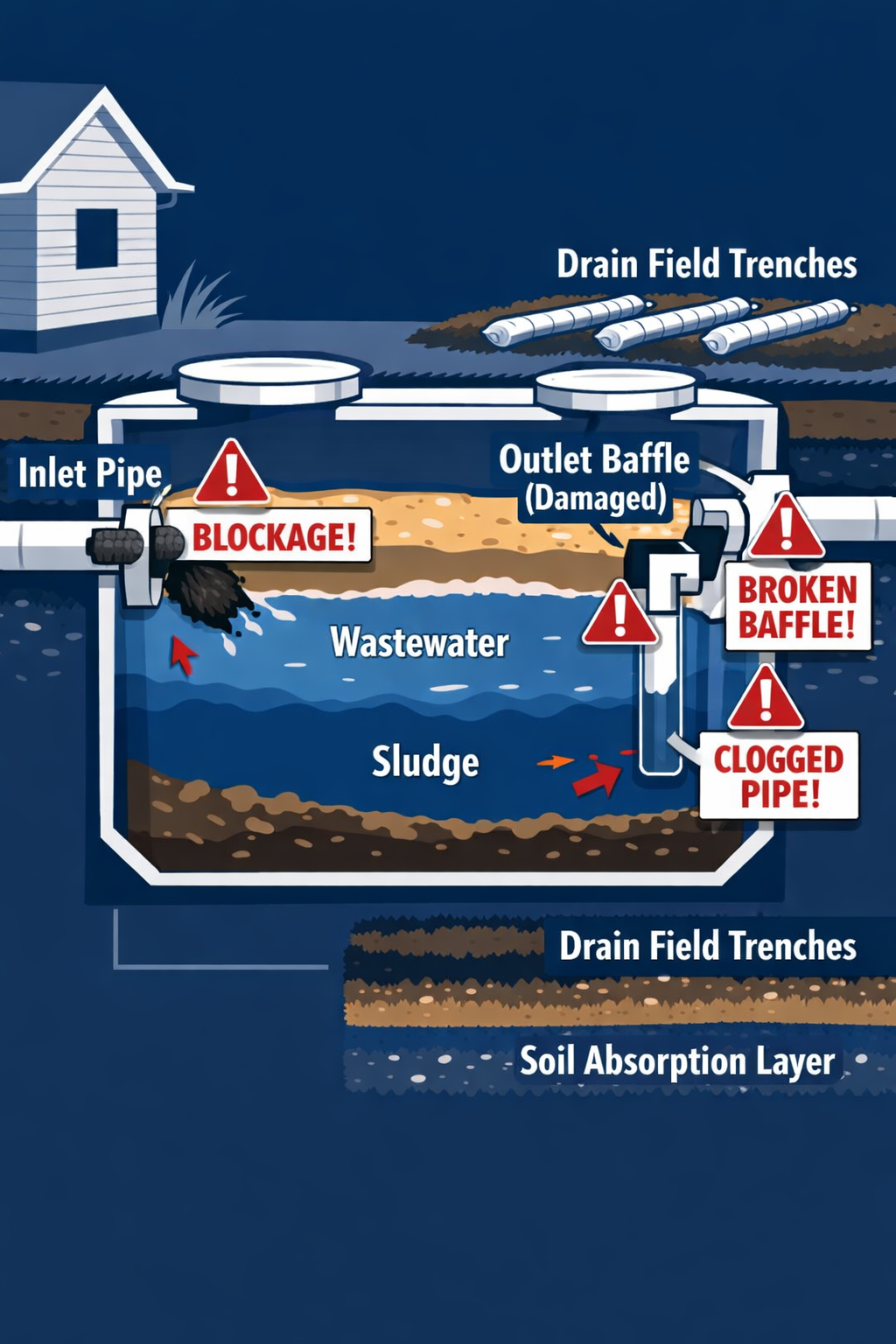 Portrait/Pinterest format () detailed infographic illustration showing a cross-section diagram of a residential septic tank
