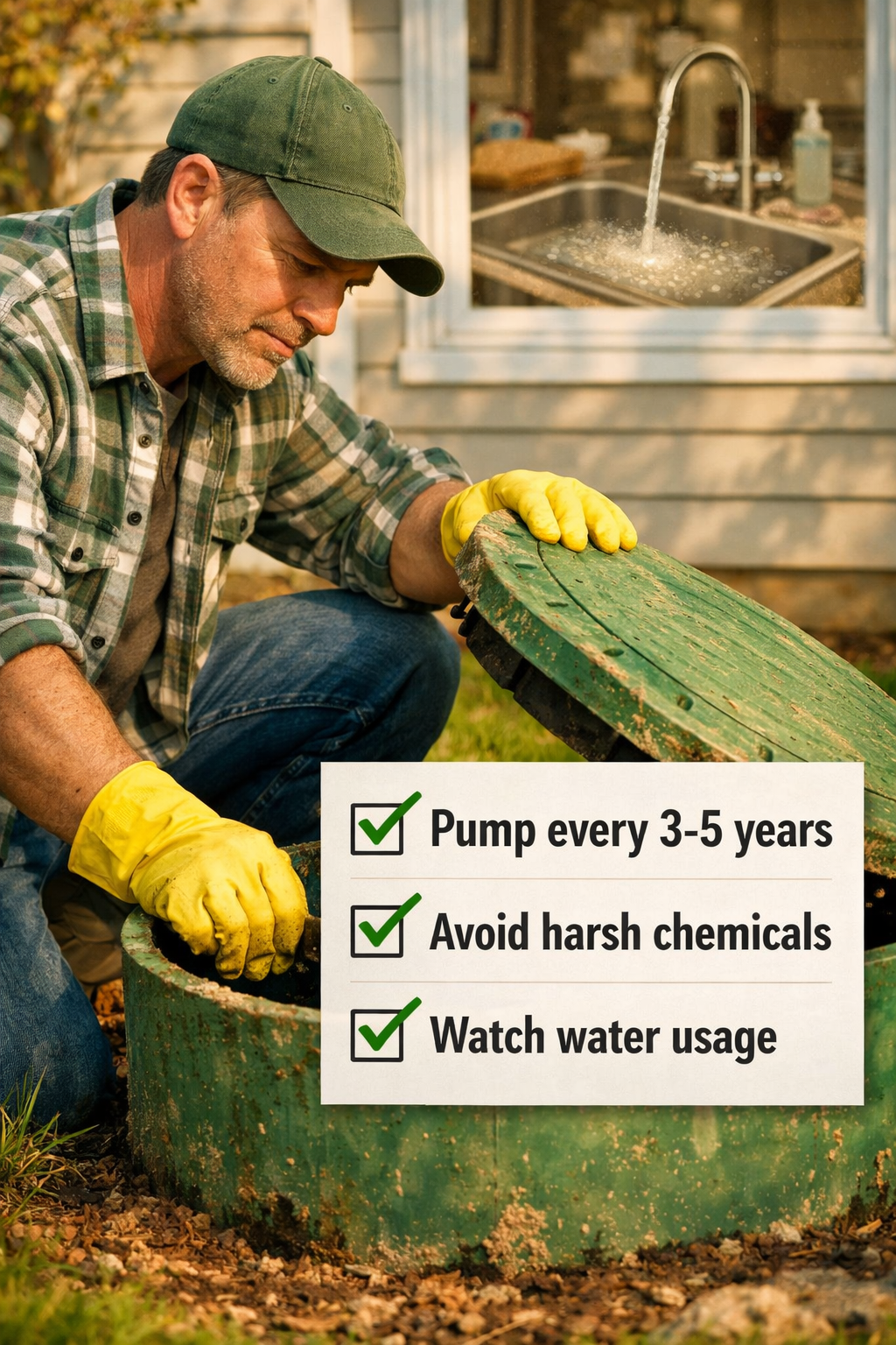 Portrait/Pinterest format () close-up editorial photo of a homeowner in rubber gloves checking a septic tank access lid in a