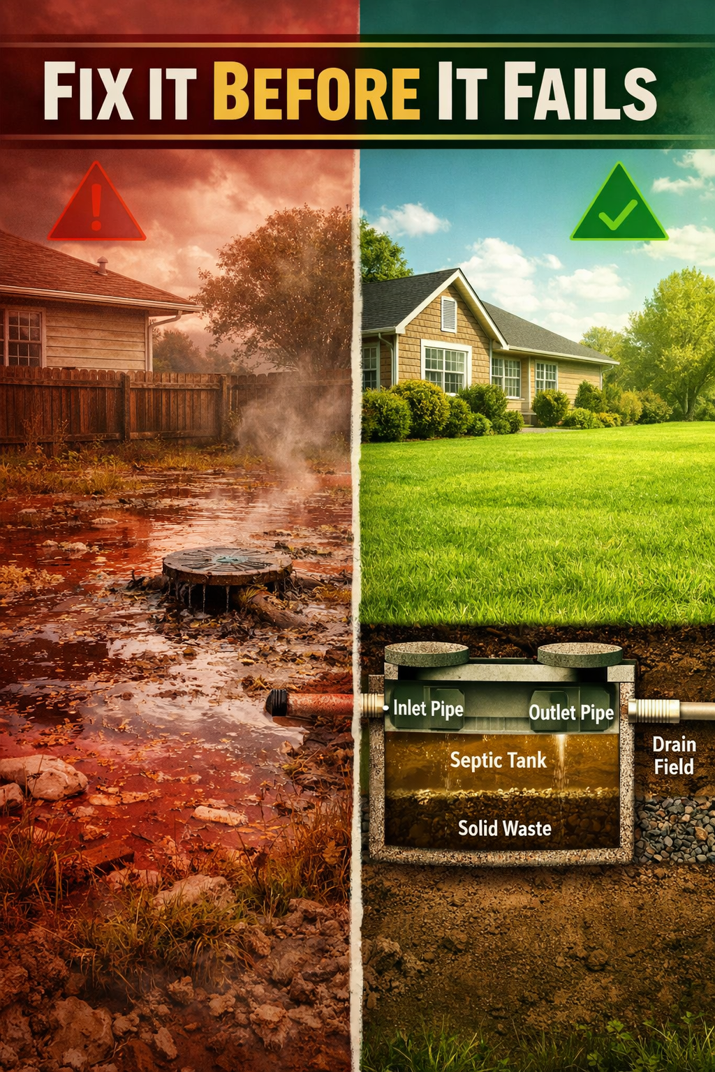 Portrait/Pinterest format () split-scene comparison image: left side shows a flooded, foul-smelling yard with sewage pooling