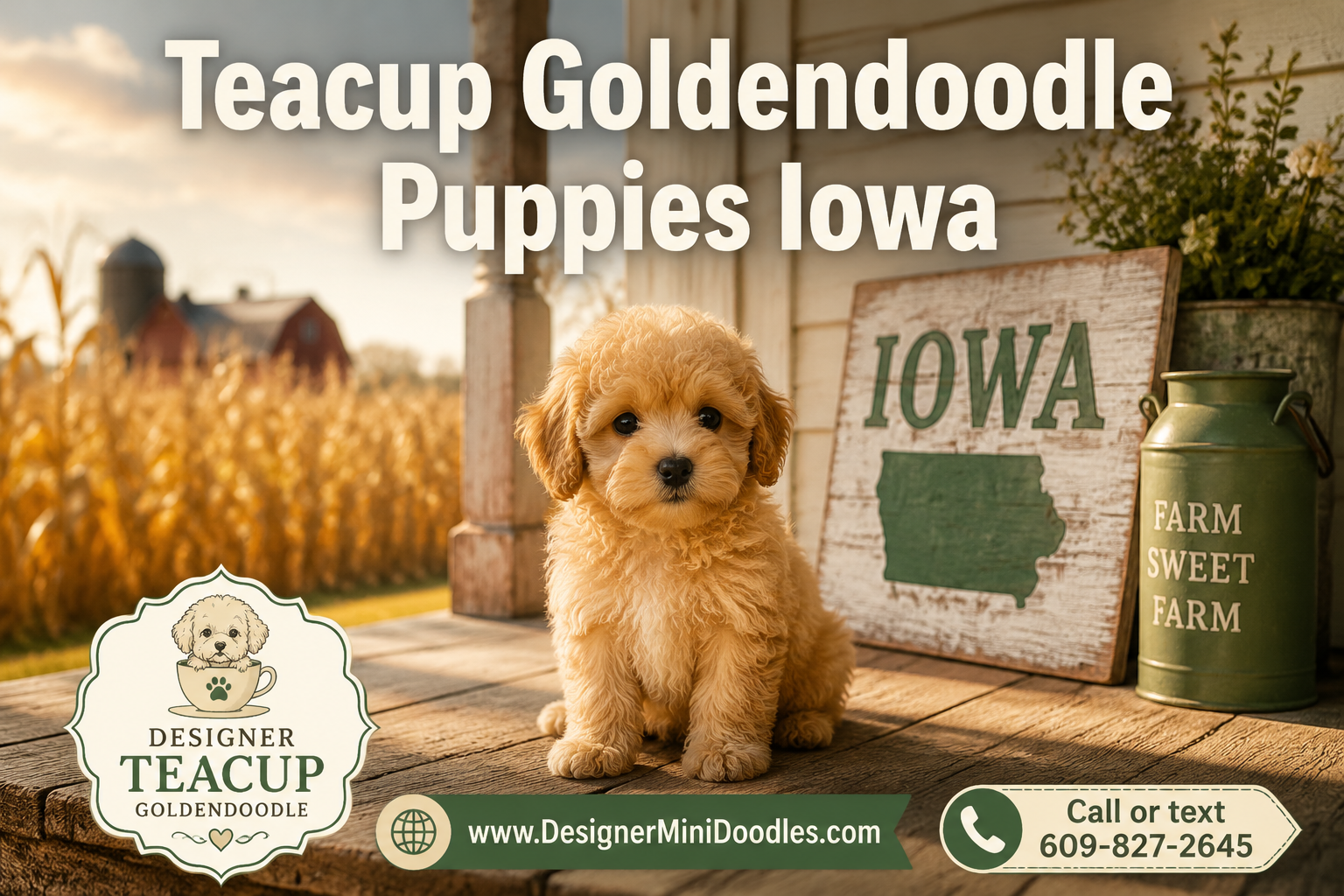 Professional () hero image featuring 'Teacup Goldendoodle Puppies Iowa' in extra large cream-white with soft , centered in