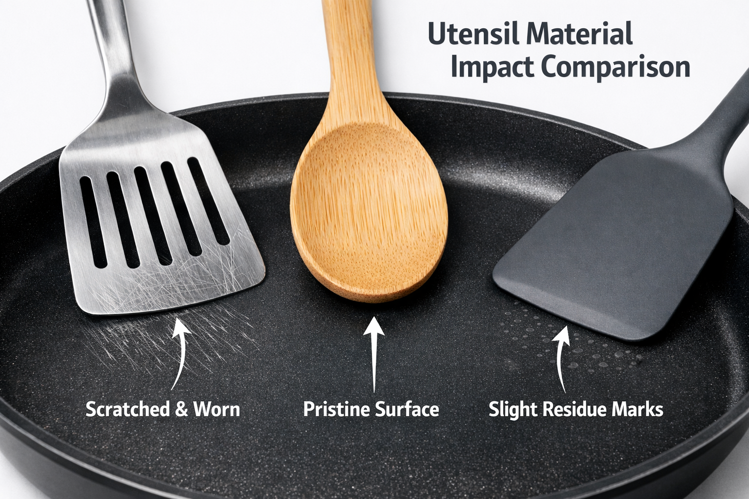 () detailed close-up photograph showing three different utensils resting on edge of nonstick pan: stainless steel metal