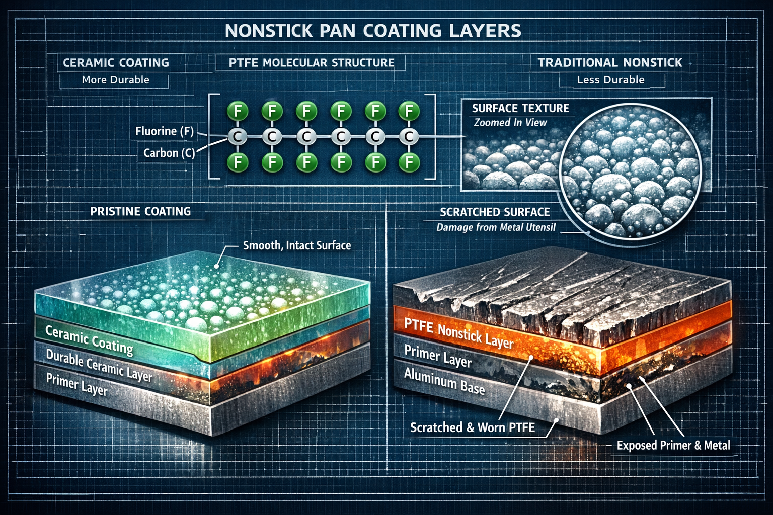 Technical cross-section illustration of nonstick pan coating layers, showing molecular structure of PTFE/Teflon