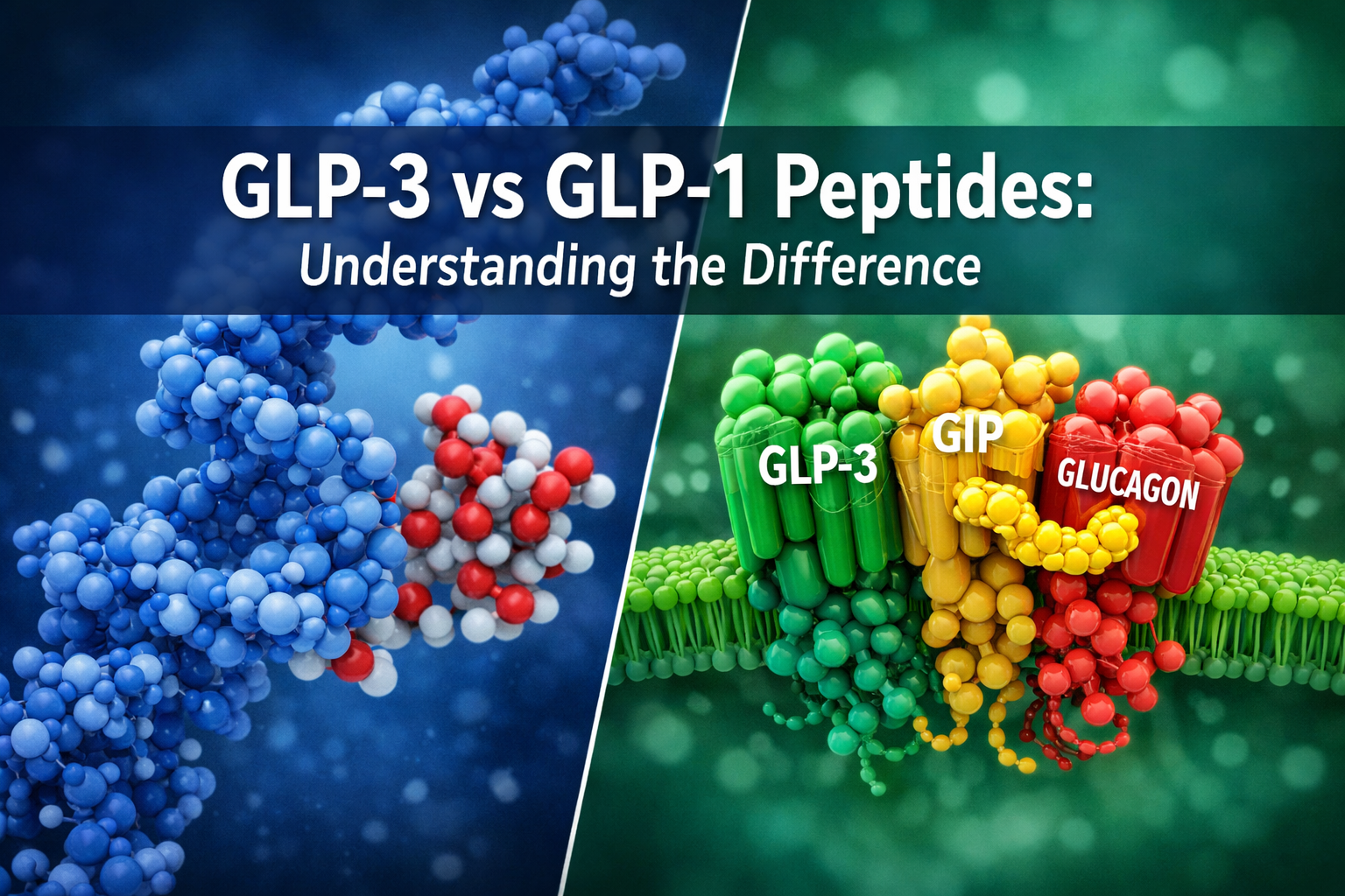 Professional landscape format (1536x1024) hero image featuring bold text overlay 'GLP-3 vs GLP-1 Peptides: Understanding the Difference' in 