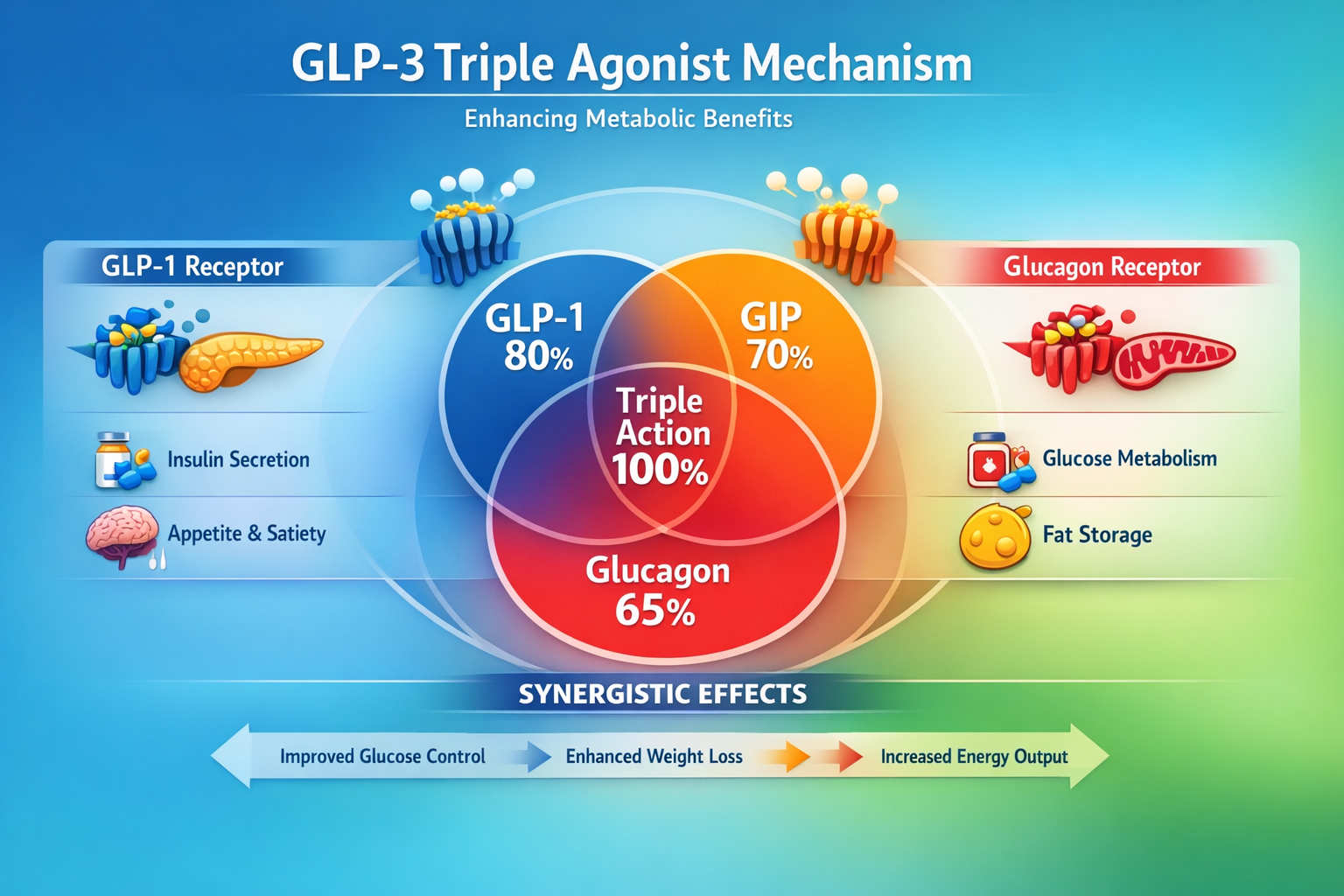 Comprehensive landscape format (1536x1024) infographic comparing GLP-3 triple agonist mechanism showing three distinct receptor pathways: GL