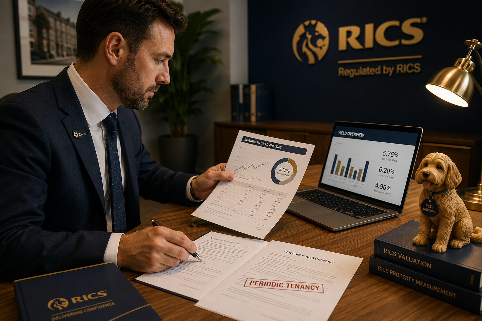 Wide-angle editorial photograph of a professional RICS surveyor in a suit reviewing property valuation documents at a desk,