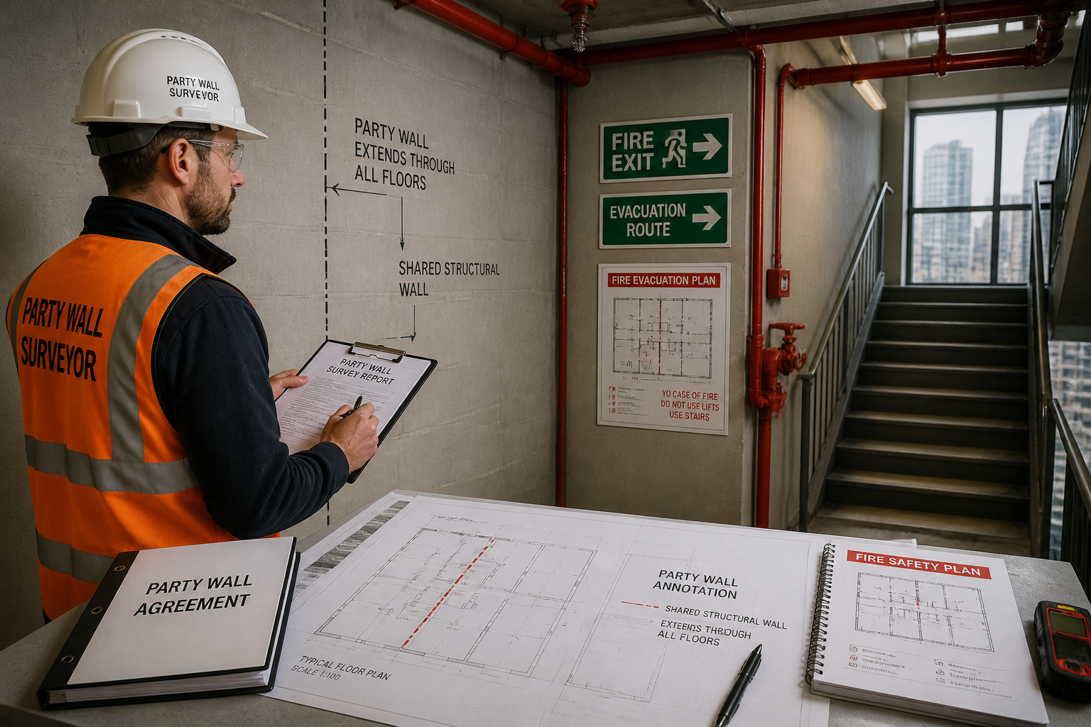 Wide-angle editorial photograph of a professional party wall surveyor in a hard hat and hi-vis vest examining shared